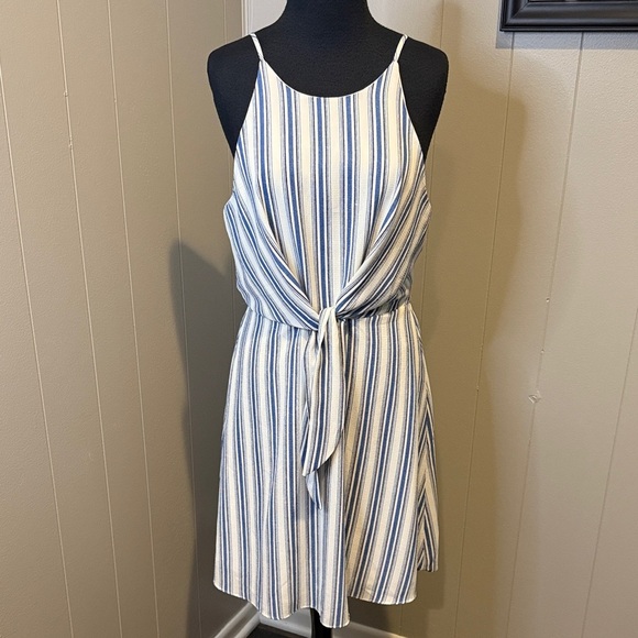 Aqua Women’s Large Striped Blue and White Midi Dress with Waist Tie - Picture 1 of 6